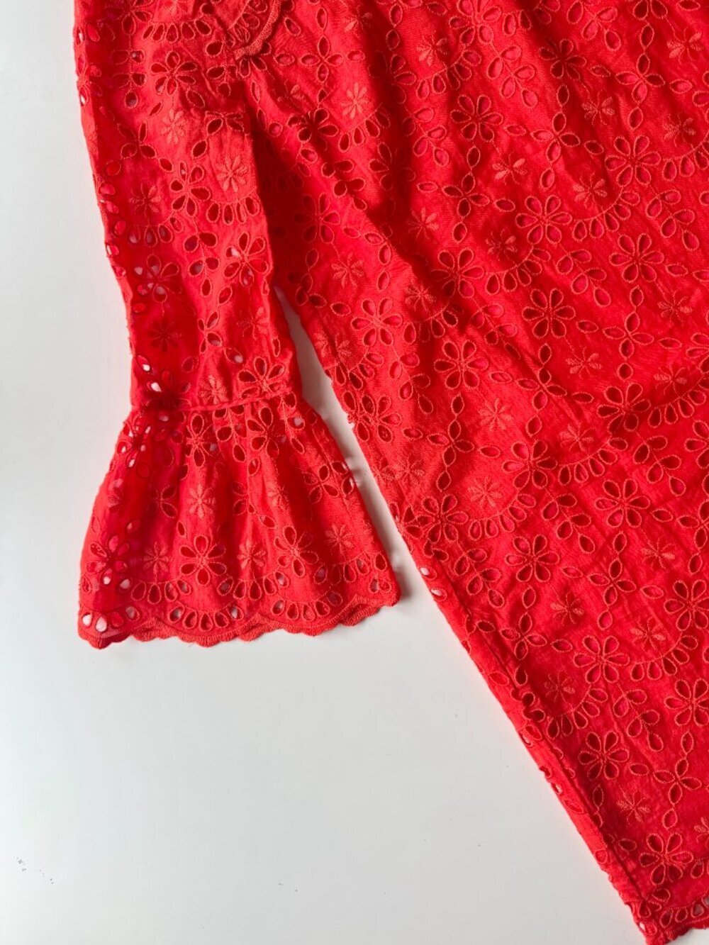 NWT J.CREW Orange Red Embroidered Cotton Eyelet Bell Sleeve Shift Dress, Size 4 - Picture 8 of 15